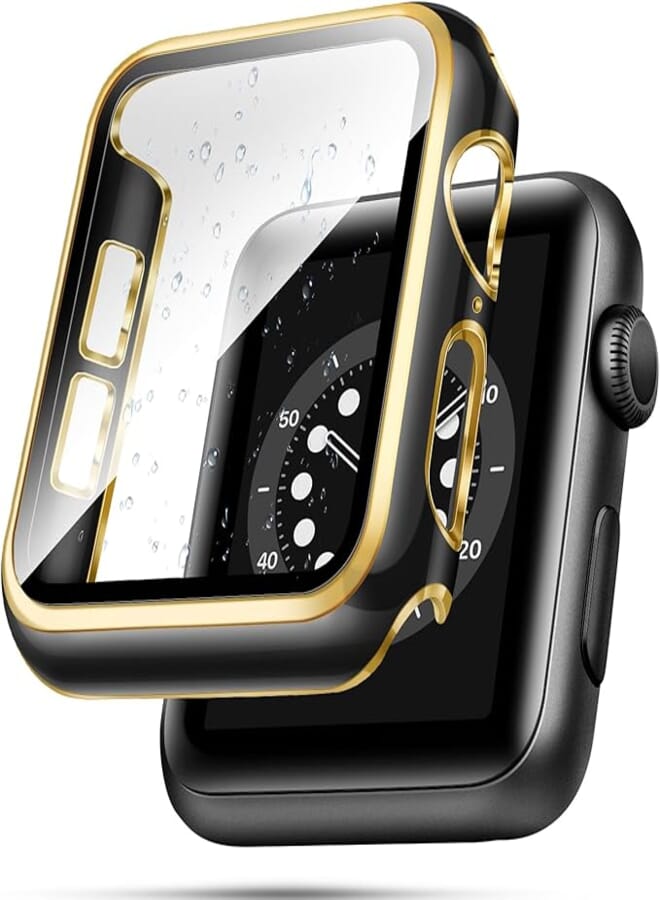 top4cus 44mm Case Compatible with Apple Watch, with Built-in Tempered Glass Screen Protector, PC Cover for iWatch Series 9/8/7/SE 2rd SE 6 5 4/3 2 for Choice (44mm, Black + Gold Edge)